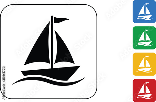 Minimalist black sailboat icon graphic design set featuring vibrant colorful square buttons for web navigation