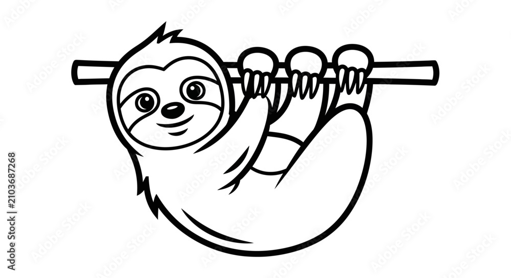 Obraz premium A black and white cartoon drawing of a cute sloth hanging upside down from a horizontal branch, smiling with its eyes open.