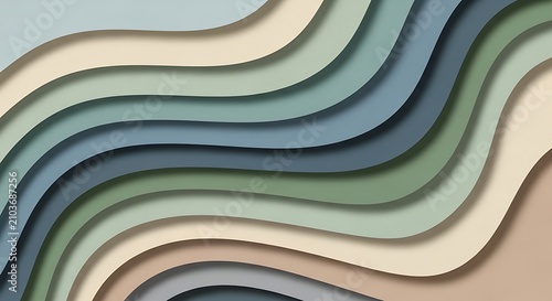 Abstract wavy layered background, in cool blue, and sage green, tones with soft, paper cutout effect