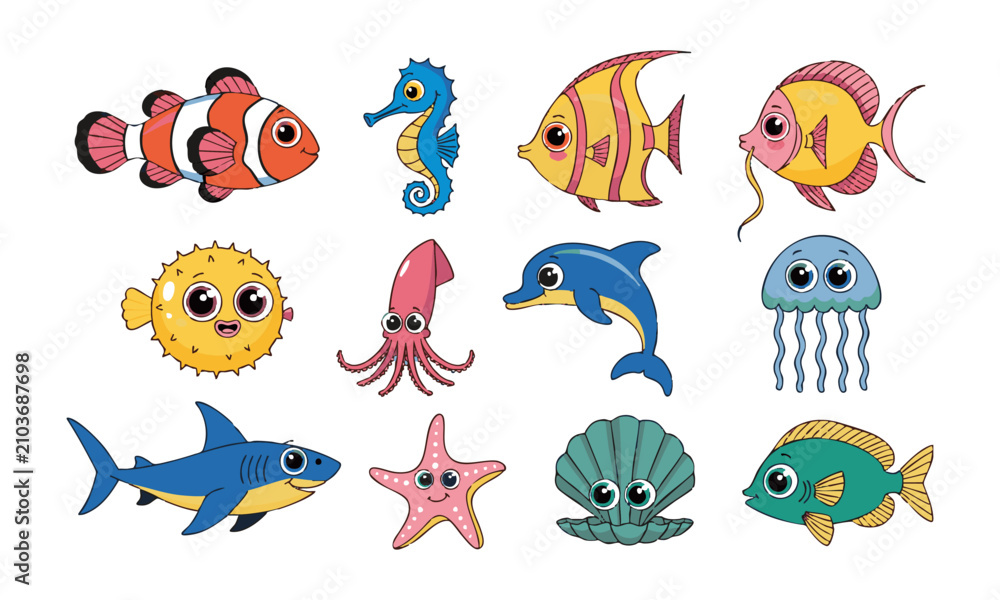 Obraz premium Cute Aquarium Animal Cartoon Collection.
