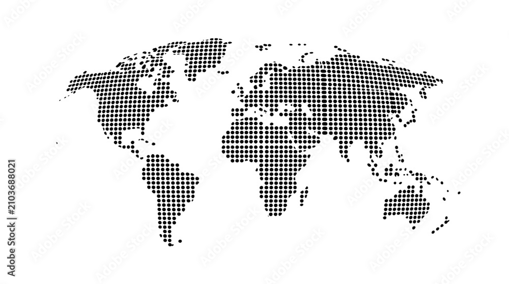 Fototapeta premium World map composed of a black halftone dot pattern on a white background