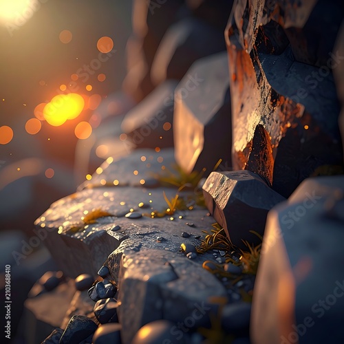 Rocks illuminated by warm sunset light.