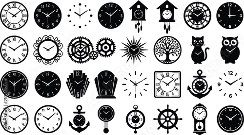 Foto Black and white vintage clock icons collection