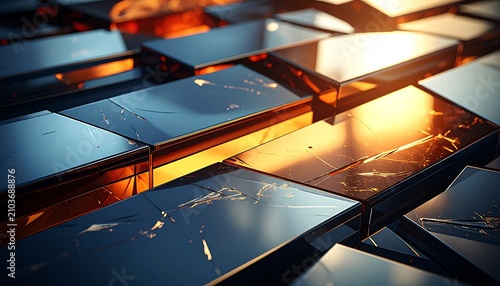 Shiny metallic squares with reflections.