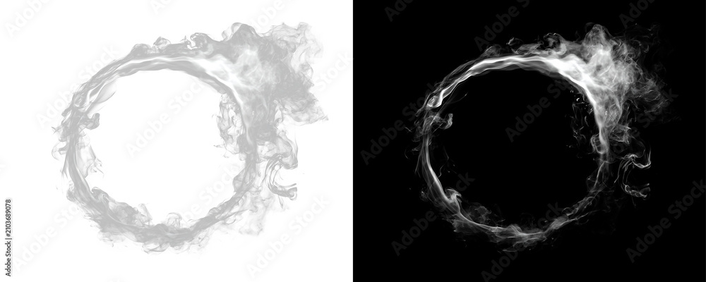 Obraz premium White smoke ring realistic circular vapor frame swirling fog loop abstract smoke circle isolated atmospheric overlay effect