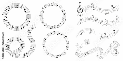 Schilderij op canvas musical notes on curved staffs black and white line art music notation clef quav