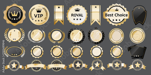 collection of luxury gold and black badges on gray background vip royal best choice crown star laurel oval banner vector