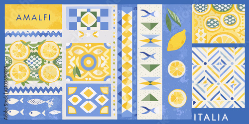 amalfi tiles pattern in blue yellow and white lemon fish diamonds geometric shapes italia mediterranean design vector illustration background colored
