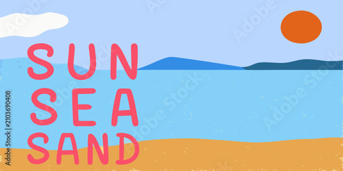 Canvas Print beach landscape illustration with retro textured sun sea sand sky cloud mountain