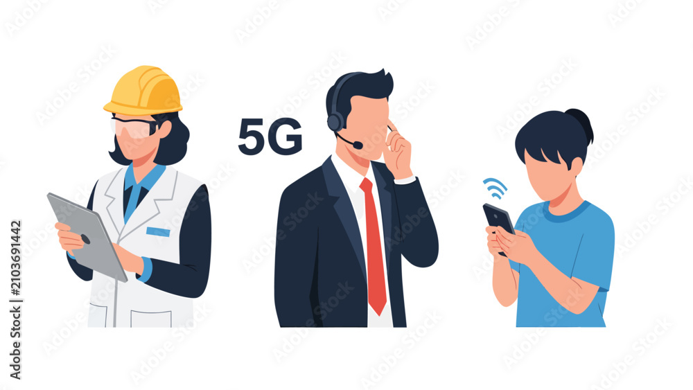 Fototapeta premium Three people representing different aspects of 5G technology: a scientist, a customer service representative, and a user with a smartphone.