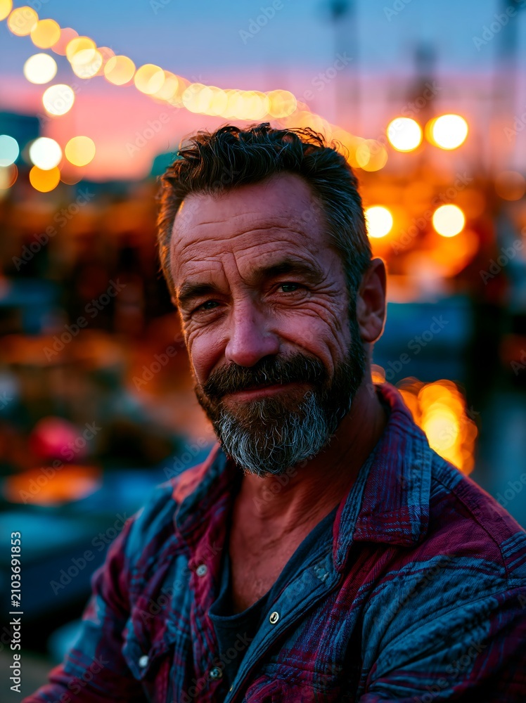 Fototapeta premium Man With Beard Smiles at Sunset in a Bustling Market