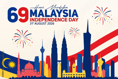 Canvas Print Independence Day Malaysia background featuring the iconic Kuala Lumpur skyline, and colorful fireworks