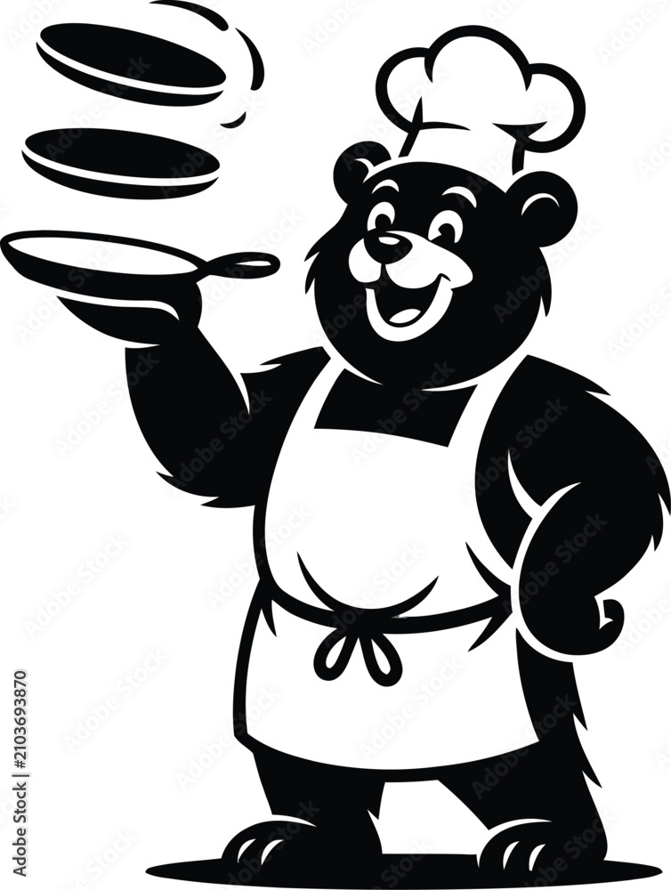 Fototapeta premium Cartoon bear chef cooking pancakes in a frying pan