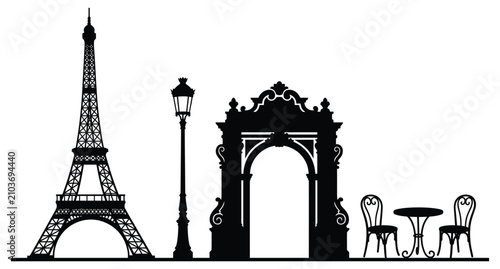 Parisian silhouettes including Eiffel Tower ornate gate lamppost and cafe seating against a white background