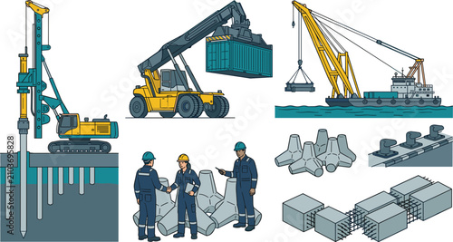 Fotografie Marine and port construction vector illustration set with heavy machinery, engin