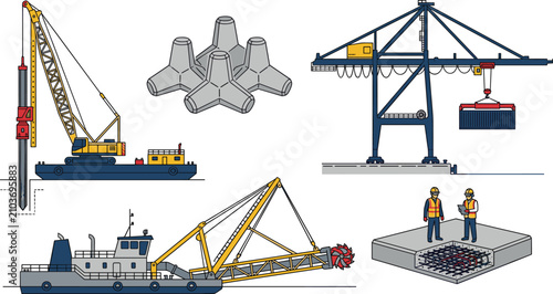 Marine engineering and port infrastructure vector set with dredger crane barge container crane and tetrapod breakwater