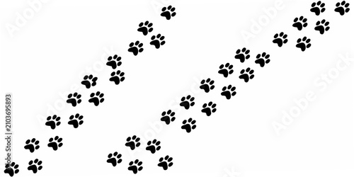 Tableau sur toile Black paw print silhouettes arranged in a walking pattern on white background