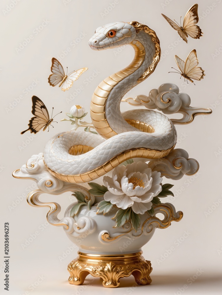 Fototapeta premium Luxury gold porcelain sculpture featuring an elegant snake winding through clouds and blooming peonies inside ornate vases with butterflies premium oriental art ivory backdrop