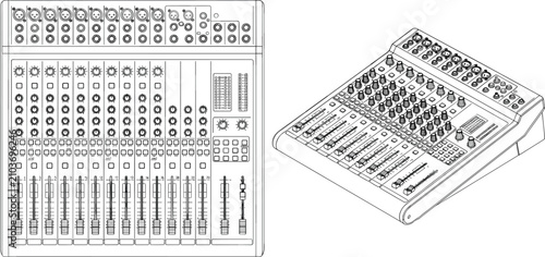 Canvastavla Professional audio mixing console technical drawing line art showing top and iso