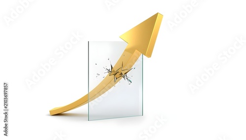 3D Golden Arrow Breaking Through Glass, Business Growth and Success Concept