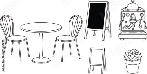 Cafe elements and coffee shop interior sketch set with espresso illustration furniture restaurant chalkboard collection equipment appliance interior lifestyle hospitality