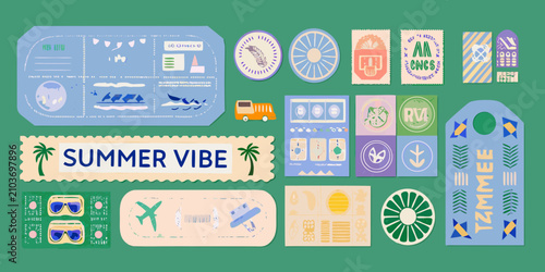 Cuadro en lienzo colorful retro style travel stickers on green background summer vibe airplane st