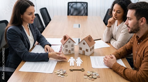 A legal professional meeting with a couple regarding a property division, illustrated with two small house models, a paper couple figure, a key, and coins on a wooden desk. 