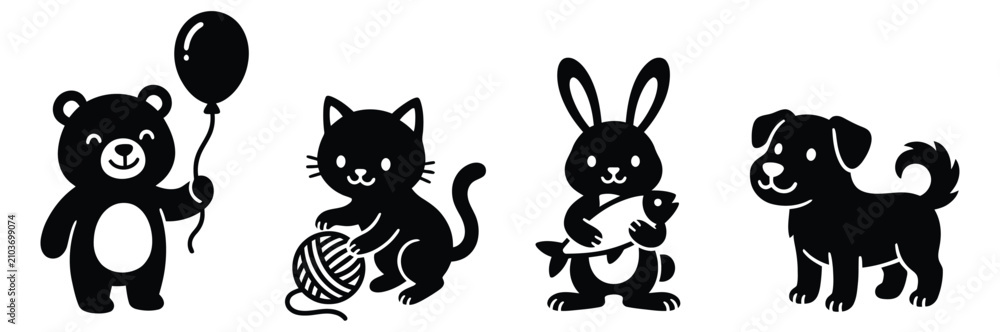 Obraz premium Cute cartoon animals with objects during a celebration on a white background