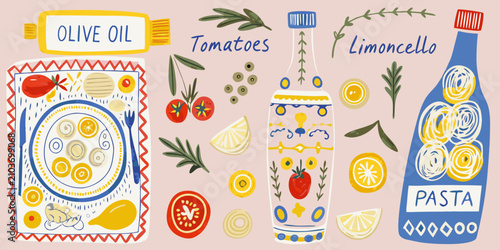 Schilderij op canvas illustration of italian food ingredients and dishes in whimsical style pasta oli