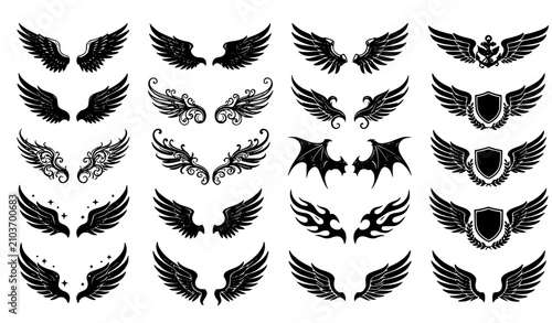 Fotografie Collection of black wing designs heraldry tattoos and graphic elements