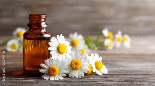 Chamomile essential oil in a small bottle. Selective focus. Generative AI,