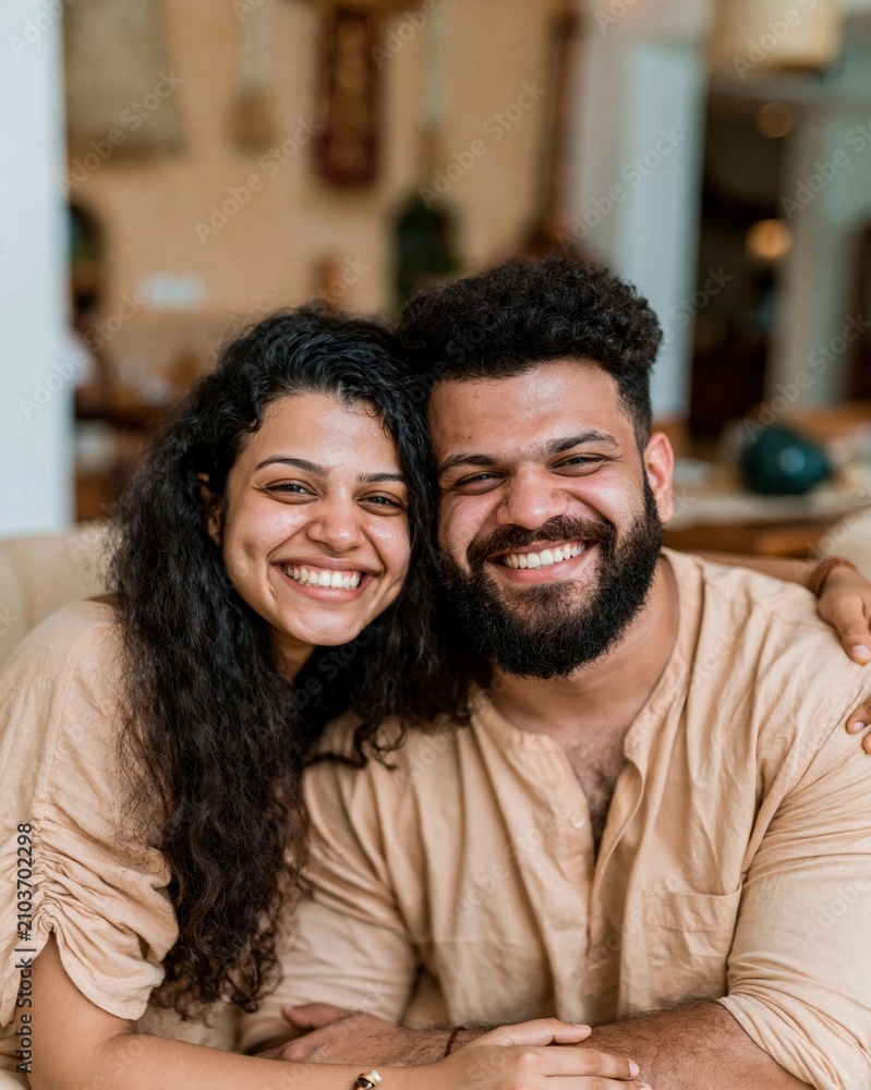 Fototapeta premium Enthusiastic young Indian couple smiling and leaning together in a cozy interior, showing warmth and cotton fabric textures for lifestyle and relationship concepts