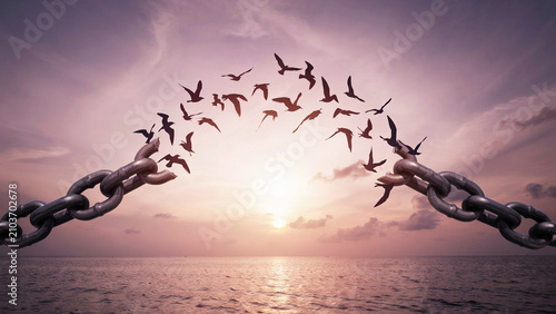 Broken metal chain links transforming into a flock of flying birds against a sunset sky over the ocean, symbolizing freedom and release