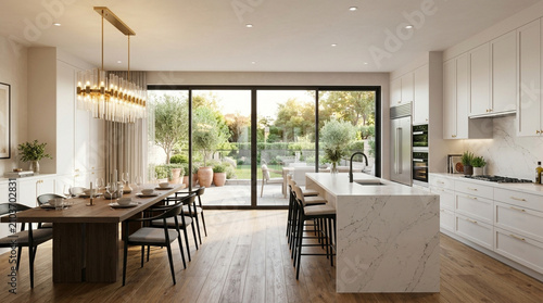 Modern open-plan kitchen and dining room with garden view