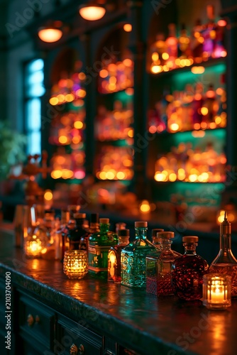 Bar Shelf Filled With Colorful Bottles and Glowing Candles