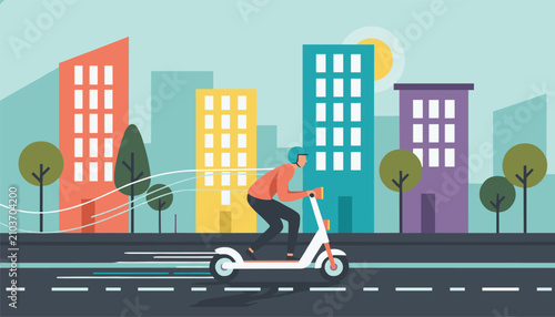 Modern commuter riding a white electric kick scooter very fast along the city street against colorful buildings.