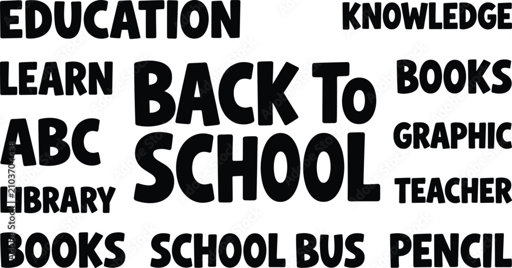 Fototapeta premium Back to school typography text vector background design with educational words including education knowledge learn books abc graphic library teacher school bus and pencil
