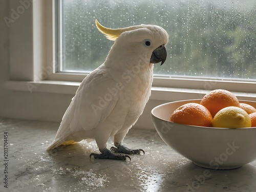 Cockatoo Stands Near a Bowl of Fruit on a Kitchen Countertop