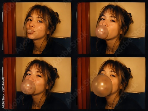 Woman Blowing Bubble Gum While Smiling in a Colorful Room