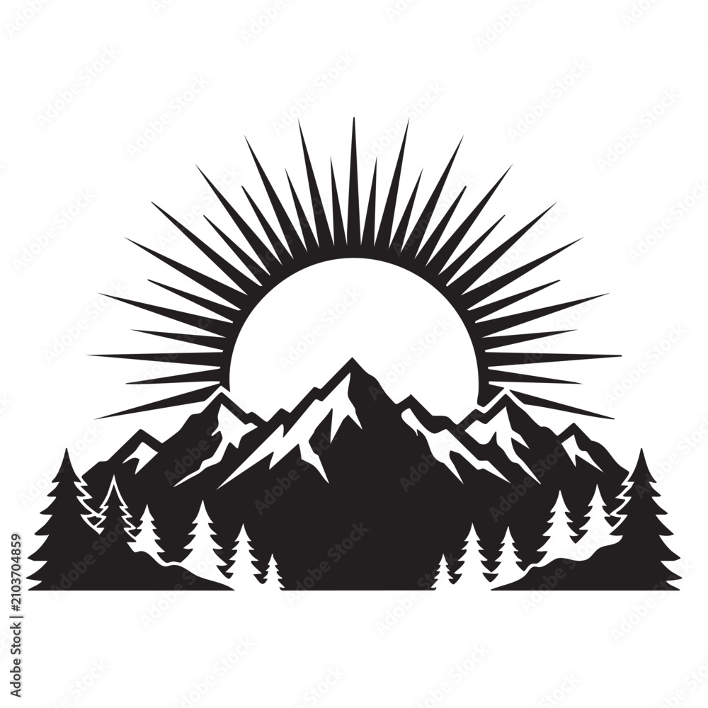 Fototapeta premium Mountain Range Silhouette with a Radiant Sunburst Above, Creating a Dramatic and Scenic Landscape Illustration.