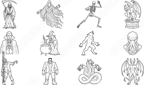 Bild auf Leinwand Collection of Spooky Halloween Monsters and Mythical Creatures in Black and Whit