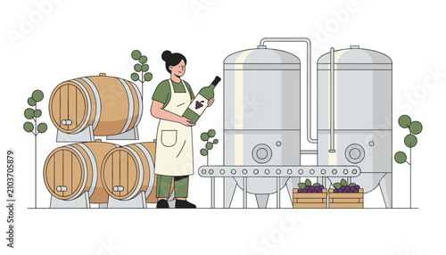 Professional female winemaker holding a wine bottle standing next to large steel fermentation tanks and oak barrels.