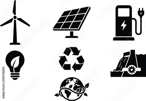 Fotografía Renewable energy and green ecology vector icons set featuring wind turbine solar