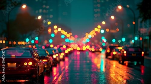 Cars Stopped on a Rainy Street With Colorful Lights at Night