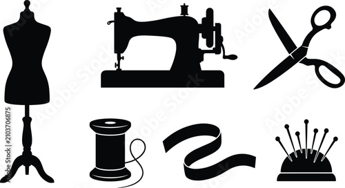 Fotografie Tailor and sewing equipment icons set featuring mannequin, vintage sewing machin