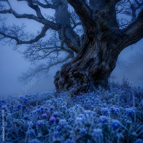 Tree Stands in Fog With Blue Flowers at Dawn in Winter