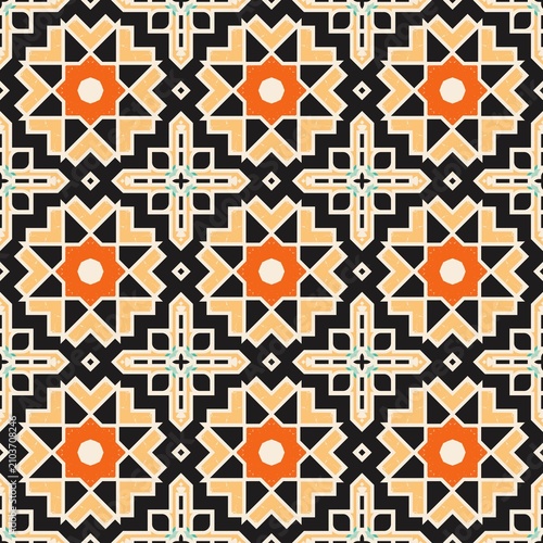 Obraz na płótnie Geometric pattern repeats with orange and black shapes