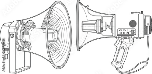 Фотография Detailed line art vector of an industrial horn speaker and handheld portable meg
