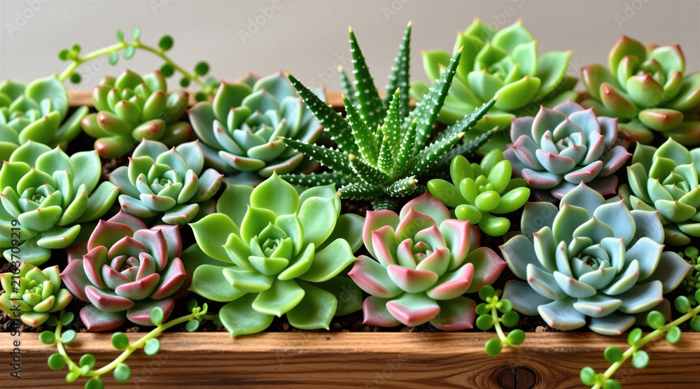Fototapeta premium Variety of green succulents in rectangular wooden planter box. Different desert plants with thick leaves grow in organic soil. Colorful botanical garden arrangement for interior home decoration.