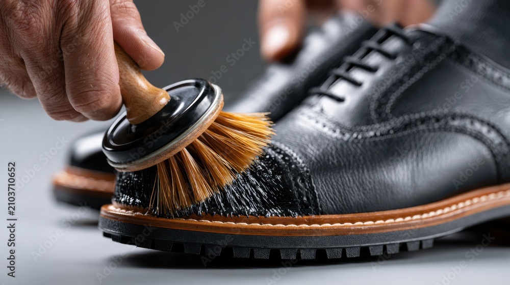 Fototapeta premium A close-up shot of a hand polishing a black leather shoe with a brush. The shoe has intricate detailing and is well-maintained